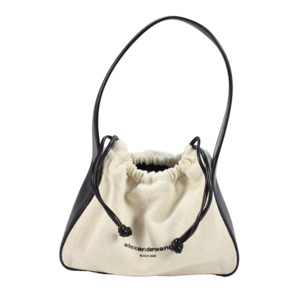 Alexander Wang Womens Leather Canvas Drawstring Shoulder Handbag Beige Black